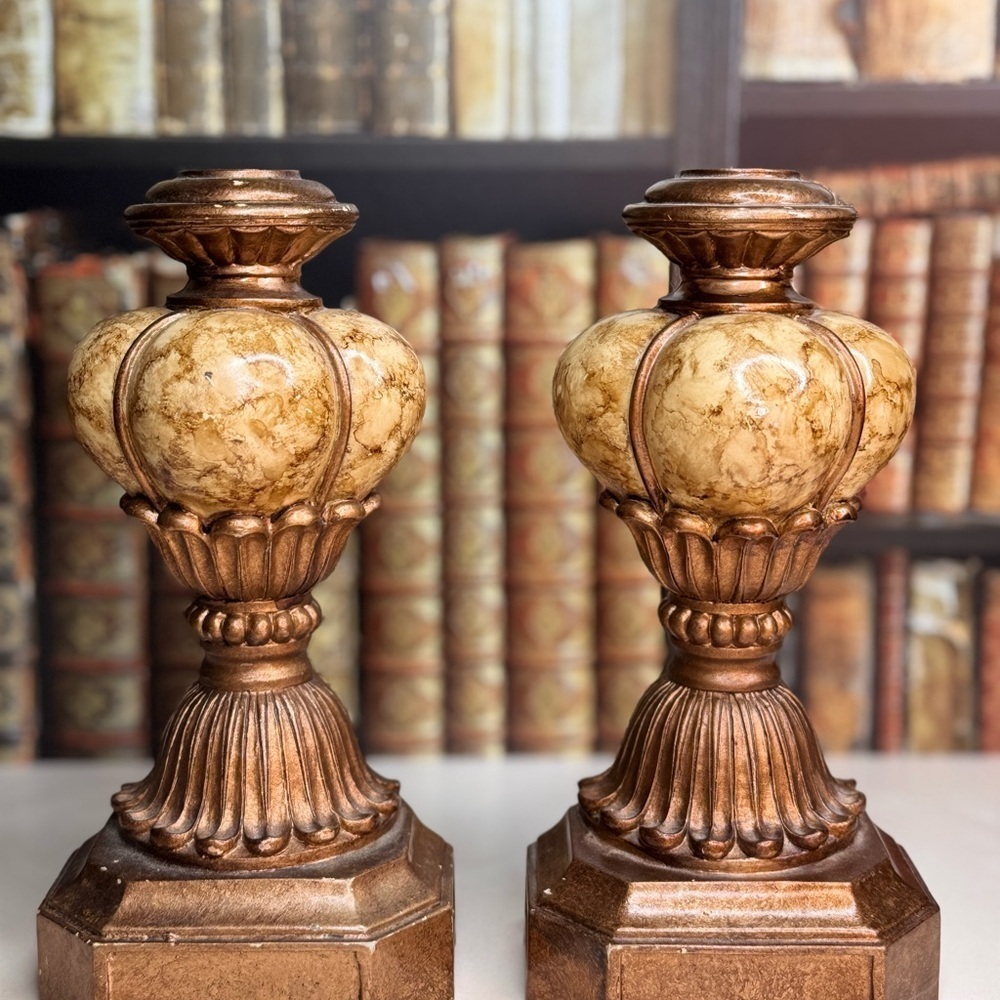 Vintage Estate Marble Inlay Wooden Bookends - Picture 2 of 10